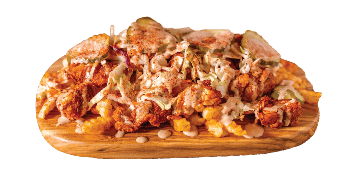 Chikin Drip Loaded fries with hopped Tenders, Slaw, Pickles, Secret Sauce.