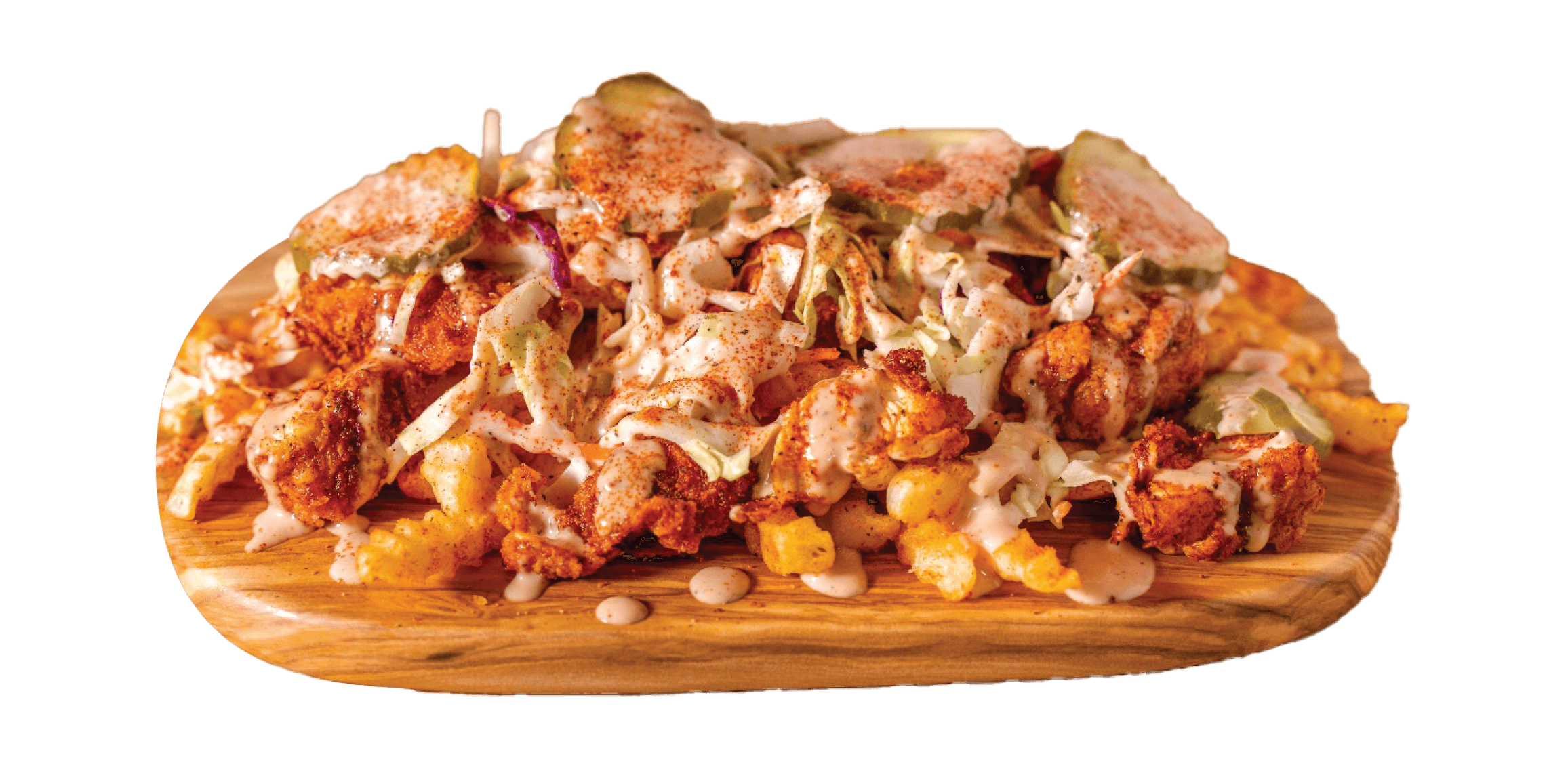 Chikin Drip Loaded fries with chopped Tenders, Slaw, Pickles, Secret Sauce.