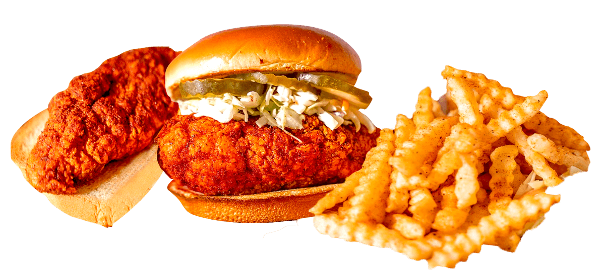 Chikin Drip Slider with Slaw, Pickles, Secret Sauce, and Fries.