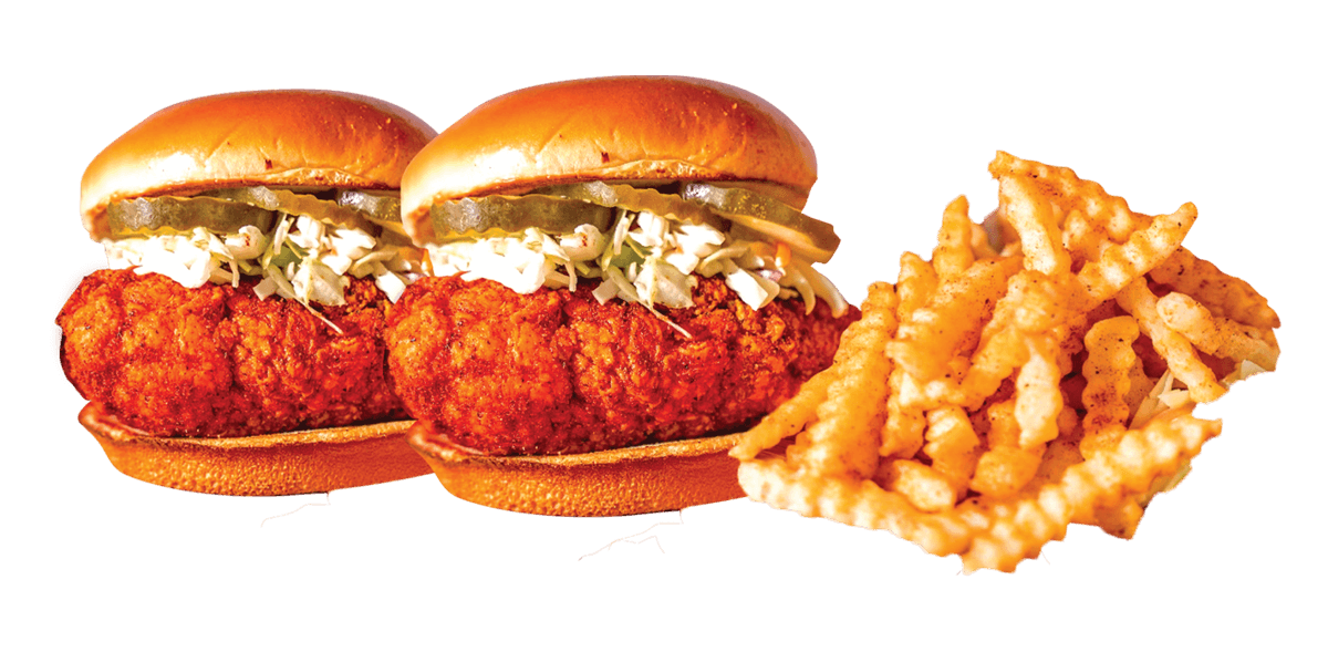 Chikin Drip Sliders with Slaw, Pickles, Secret Sauce, and Fries.