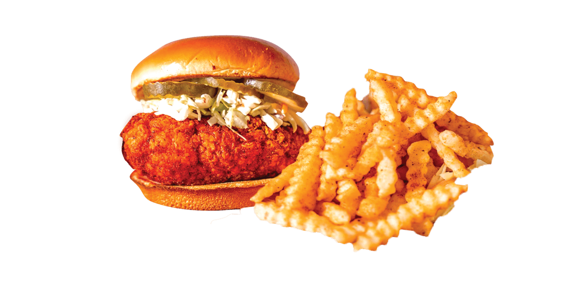 Chikin Drip Slider with Slaw, Pickles, Secret Sauce, and Fries.