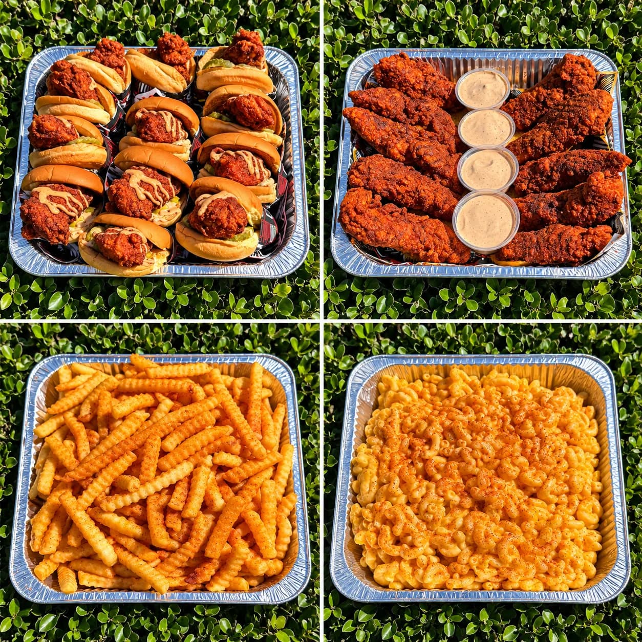 Catering trays of chicken sliders, tenders with sauce, crinkle fries and mac and cheese